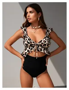 Leopard Print Bikini Set Women Two Piece Swimsuit Ruffled High Waist Bathing Suit Tummy Control Swimwear Adjustable Straps for Beach Pool