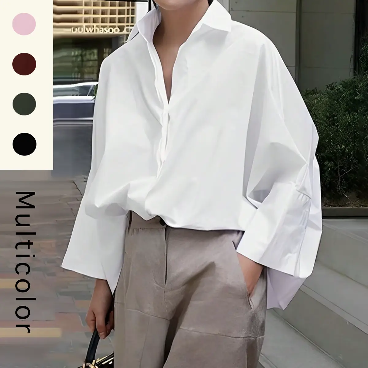 UOOZEE Women's Polyester Longsleeve Solid All Seasons Blouse - Chic, Simple, Loose, Large-Collar, Drop-Shoulder, Button-Up Work & Casual Top, Non-Elastic Fabric, Size Up 1, Style for Pairing with Jeans