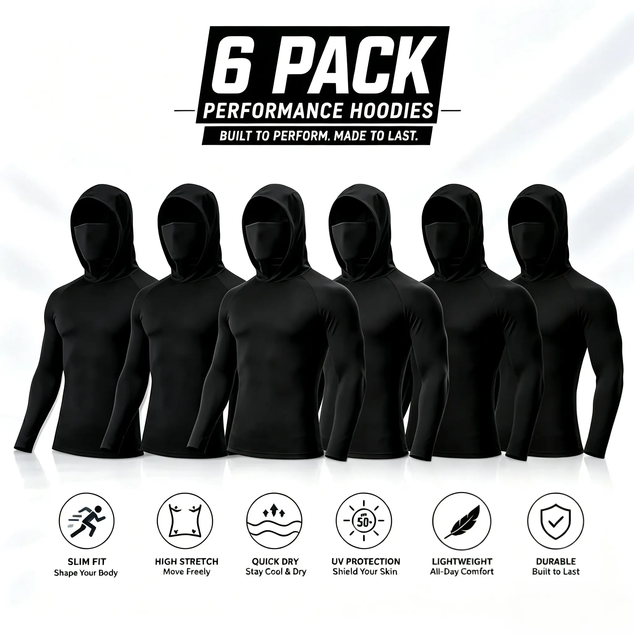 Men's Athletic Hoodies 6-Pack, Long Sleeve Slim Fit Polyester Compression Tops with Built-in Mask & UV Protection, Polyester Clothes, Face Cover, 100D Polyester, Attached Face Shield