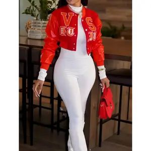 Women’s PU jacket with letter decal buttons, autumn–winter casual off-shoulder long-sleeve baseball-collar outerwear, women’s everyday wear GARMENTARY