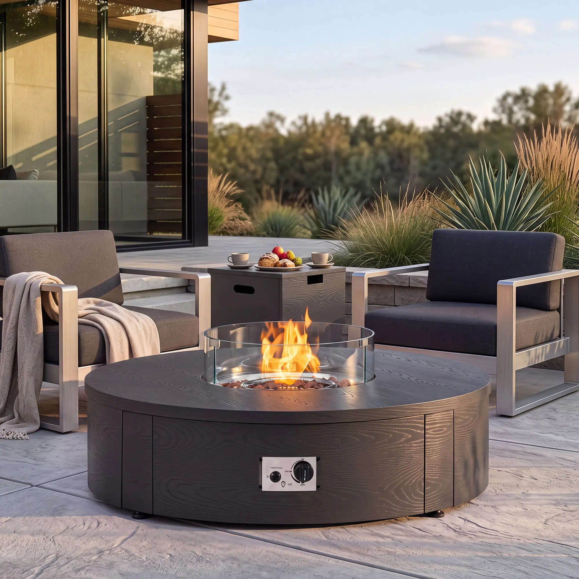 COSIESTLIVING 42" Propane Fire Pit Table for Outdoor Patio, 50,000 BTU Round Metal Fire Pit with Hidden Tank Storage, Wind Guard, Lid & Cover, Wood Grain Finish for Backyard Gathering