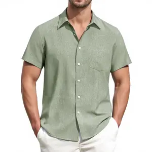 Alimen Men's Linen Shirts Short Sleeve Dress Shirts for Men with Pocket Vacation Beach Summer Party Wedding Casual Button Down Shirts, Lightweight Breathable Comfort Soft Fabric Spread Collar Linen Shirts for Men
