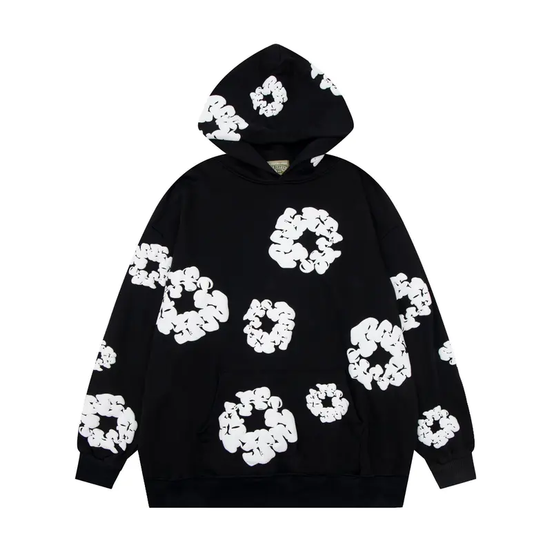 Harajuku Casual Loose Hoodie with Flower Print for Men and Women - Unisex Long Sleeve Floral Pullover, Versatile Casual Sweatshirt Menswear Tops graphic  hoodies Black Motocross