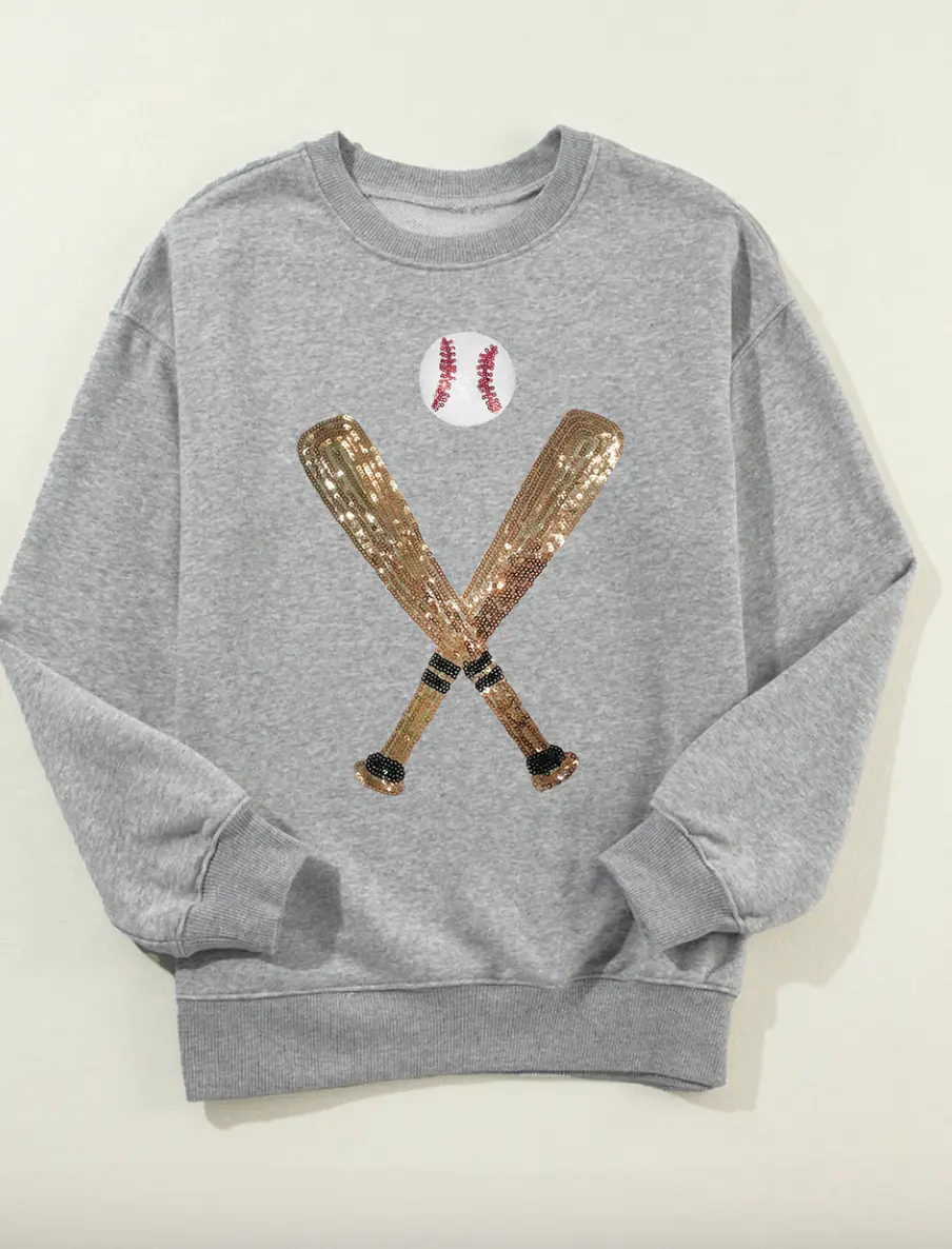 Gray Sequin Baseball Graphic Crewneck Game Day Sweatshirt with Crossed Bats and Ball Design for Casual Wear