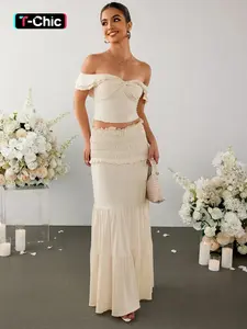Two-Piece Set Women's Off Shoulder Twist Front Crop Top & Ruffle Hem Shirred Skirt Two-piece Set, Elegant Chic Fashion Elegance Layered Sleeve Cropped Top & Frill Trim Skirt for Daily Outdoor Wear, Ladies Outfits for Summer Feminine Womenswear Clothes