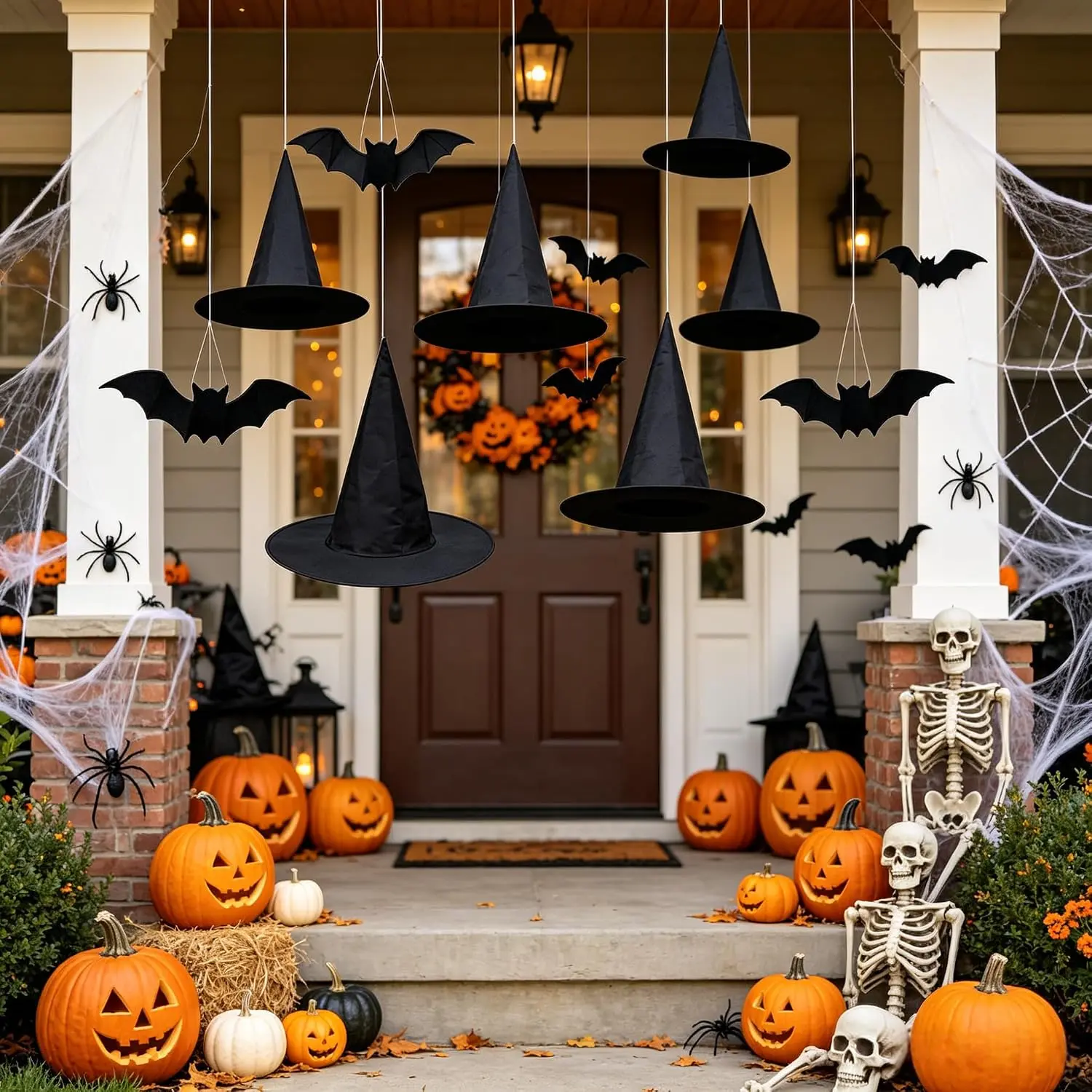 Halloween Decorations Bulk Set - 12PCS Spooky Witch Hats with Hanging Loops, 32PCS Varied Sizes 3D Bat Shape Stickers for Halloween Party, Indoor-Outdoor Hanging Decor, Bat Shapes