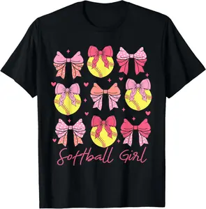 Women's Comfortable Shortsleeve Cotton Softball Coquette Bow T-Shirt - Lady's Sports Top with Flat Prints, Fit Casual Summer Garment