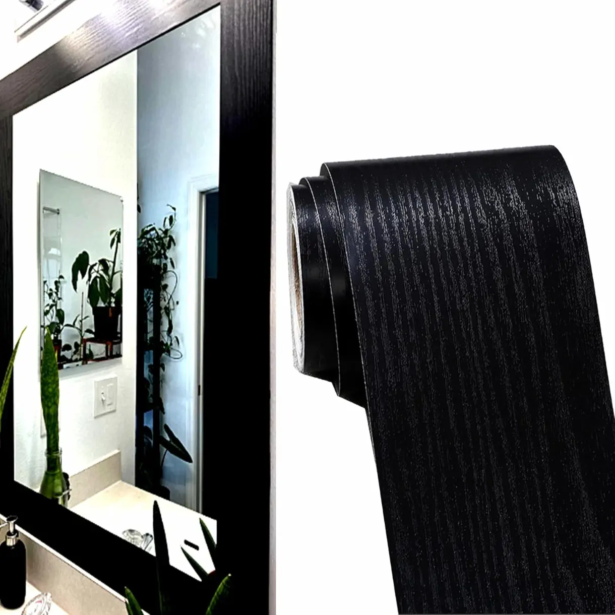 10M Black Wood Grain Mirror Frame Border Peel and Stick Wallpaper Removable PVC Waterproof Bathroom Mirror Tape Sticker Trim Kitchen Wallpaper Self Adhesive Decor Sticker