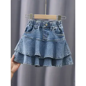 Trendy Layered Denim Skirt With Pocket Girls Comfy Skirt For Summer, K-pop