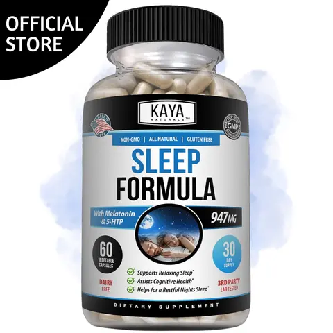Kaya Naturals Anxiety Support Sleep Supplements - Melatonin Regulates Sleep Rhythm, L-Tryptophan, Passion Flower, Ashwagandha, 5-HTP Support, Chamomile Blend, Easy-Take Capsule Format, 60 Capsules