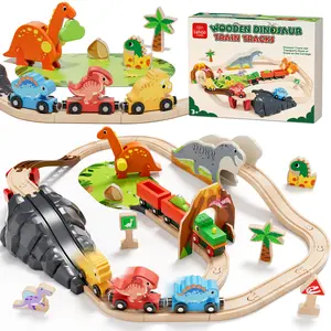 Lehoo Castle 42pcs Dinosaur Train Set, Wood Toy Train Set for Age 3+, Montessori Magnetic train Toys, Preschool Educational Material for Kids, Fits Thomas, Fits Brio, Fits Melissa and Doug