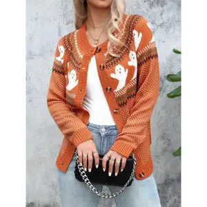 Women's Halloween Themed Ghost Print Sweater?Cardigan, Cute Casual Long Sleeve Cardigan for Fall & Winter, Women's Knitwear for Daily Wear