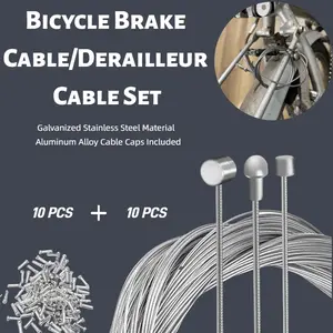 20 Pcs Bike Cable Set: 10 Galvanized Stainless Steel Bicycle Derailleur/Brake Cables (78.74") + 10 Aluminum End Caps | 2M Brake Cable/Derailleur Cable | Sturdy Durable, Wide Compatibility | Fits Road Bike, MTB | Stylish Essential Cycling Accessory