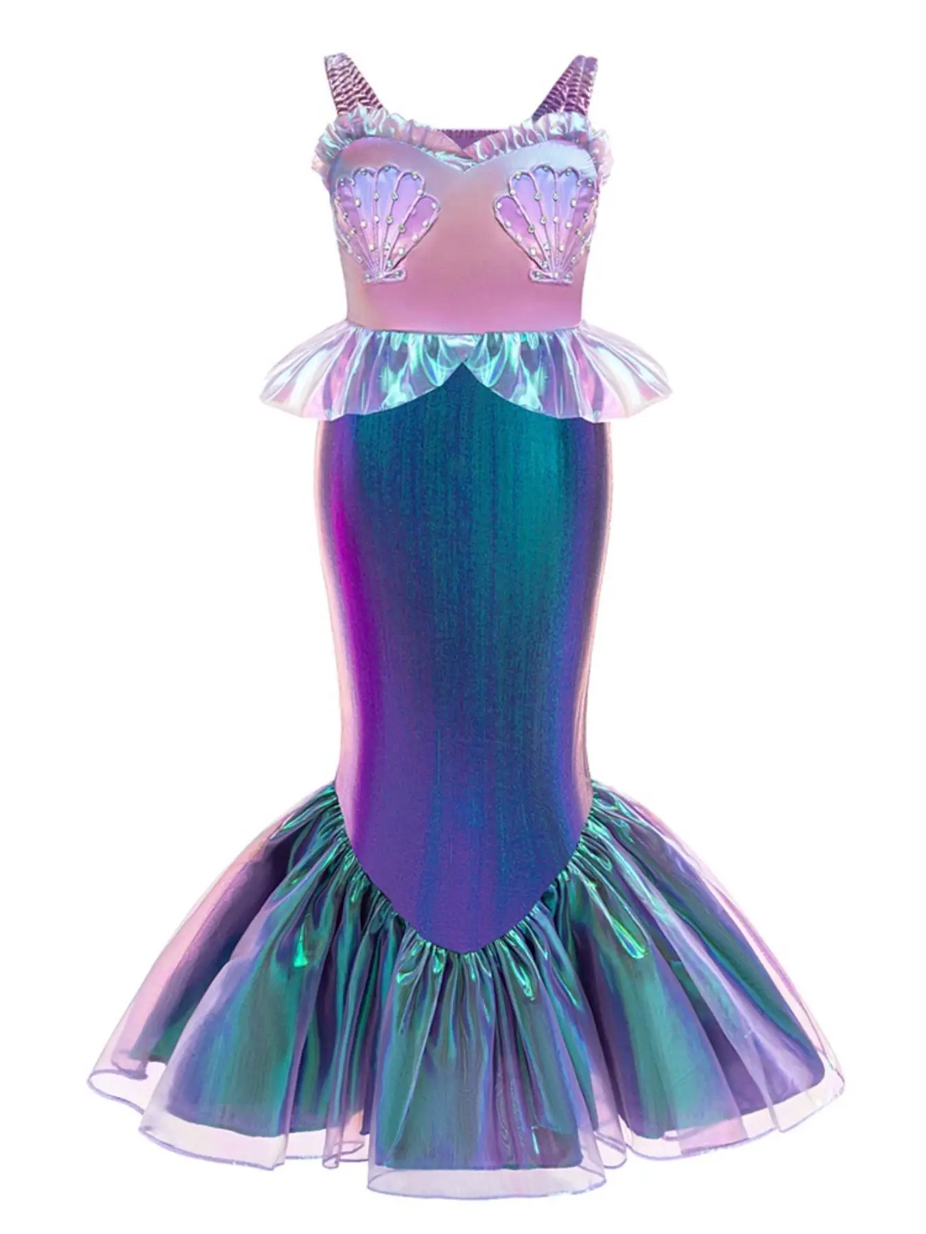 Ombre Color Mermaid Costume for Girls, Ruffle Trim Satin Mermaid Dress, Party Costume for Kids