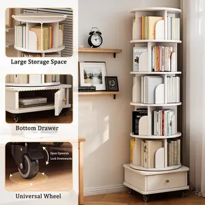 Rotating 6 Tier Bookshelf, 360° Display Round Spinning, Space-Saving Small Space Bookshelf Tower in Warm White for Home, Office, Bedroom, Living Room Furniture Storage book case Organize Organizer Organizing  Drawer Stand