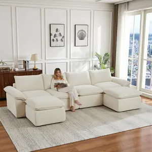 【#SummerVibes】【3 Packages Shipping】141" Luxury Boneless Couch, 6 Piece Modular Sectional Sofa - Oversized Cloud Couch with 2 Ottomans, Extra Thick Double-Layer Seat Corduroy Fabric, Modern Foam Sofa for Living Room