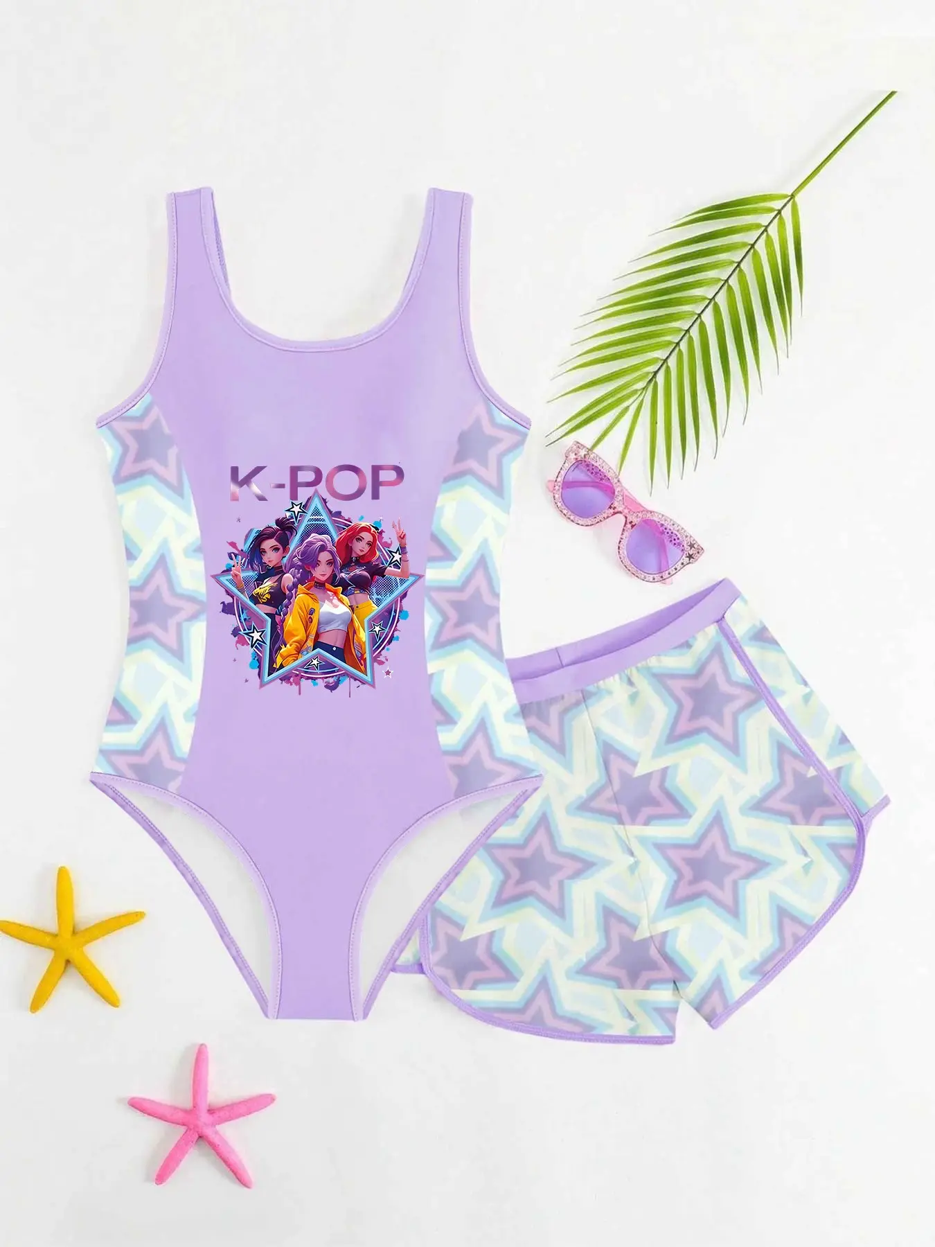 Girls' K-Pop Sweet Cool Style Two-Piece Swimsuit, Gradient Star Print Tank Top + Shorts Set, Casual Fitted Swimwear Outfits, Swimsuit With Shorts