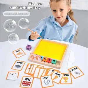 Wooden Sand Writing Tray for Kids with Spelling Cards - Alphabet Learning Toy for Ages 3-8, Educational Homeschool Preschool Must Haves, Sensory Toys for Autism & Toddler Writing Practice, Fun Birthday Gift for Children