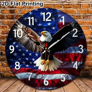2D Flat 1pc American Flag & Bald Eagle Patriotic Wall Clock - 10 Inch Round Wooden Clock with U S Flag Design, Battery Operated ( AA Not Included) - for Living Room, Office, Kitchen, Bathroom - Patriotic Home Decor Gift, Clock Wall Decor