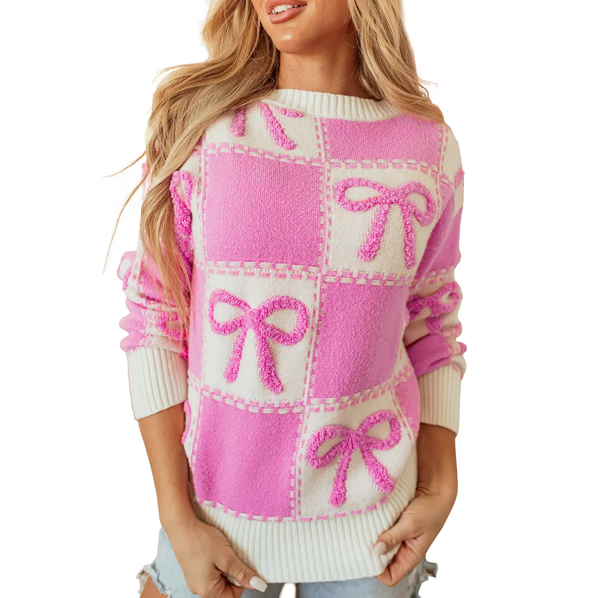 Znacicc Women's Casual Crewneck Pink Bow Knot Checkered Winteroutfit Sweater with Cozy Fit