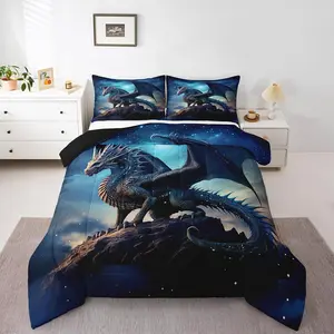 Feelyou Multi-Size Breathable Fabric Travel-Friendly Dinosaur Bedding Set - Dragon Print 3D Pterosaur Duvet Insert, Blue Galaxy Starry Sky Comforter, Quilt Set
