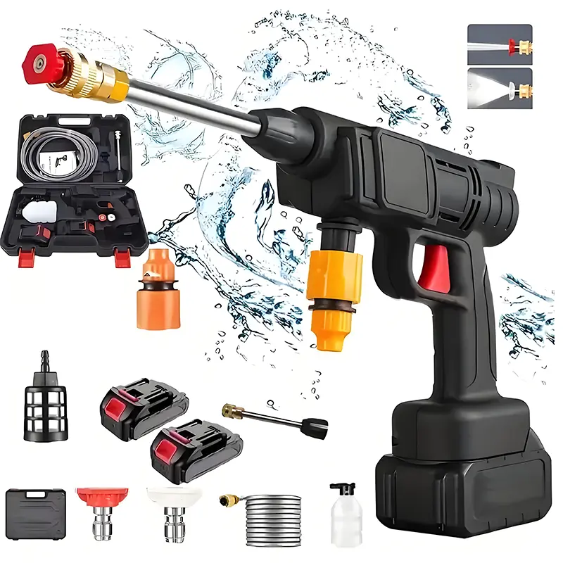 Wireless portable high-pressure washer/electric cleaner with a powerful nozzle, handheld design, powered by two rechargeable batteries.