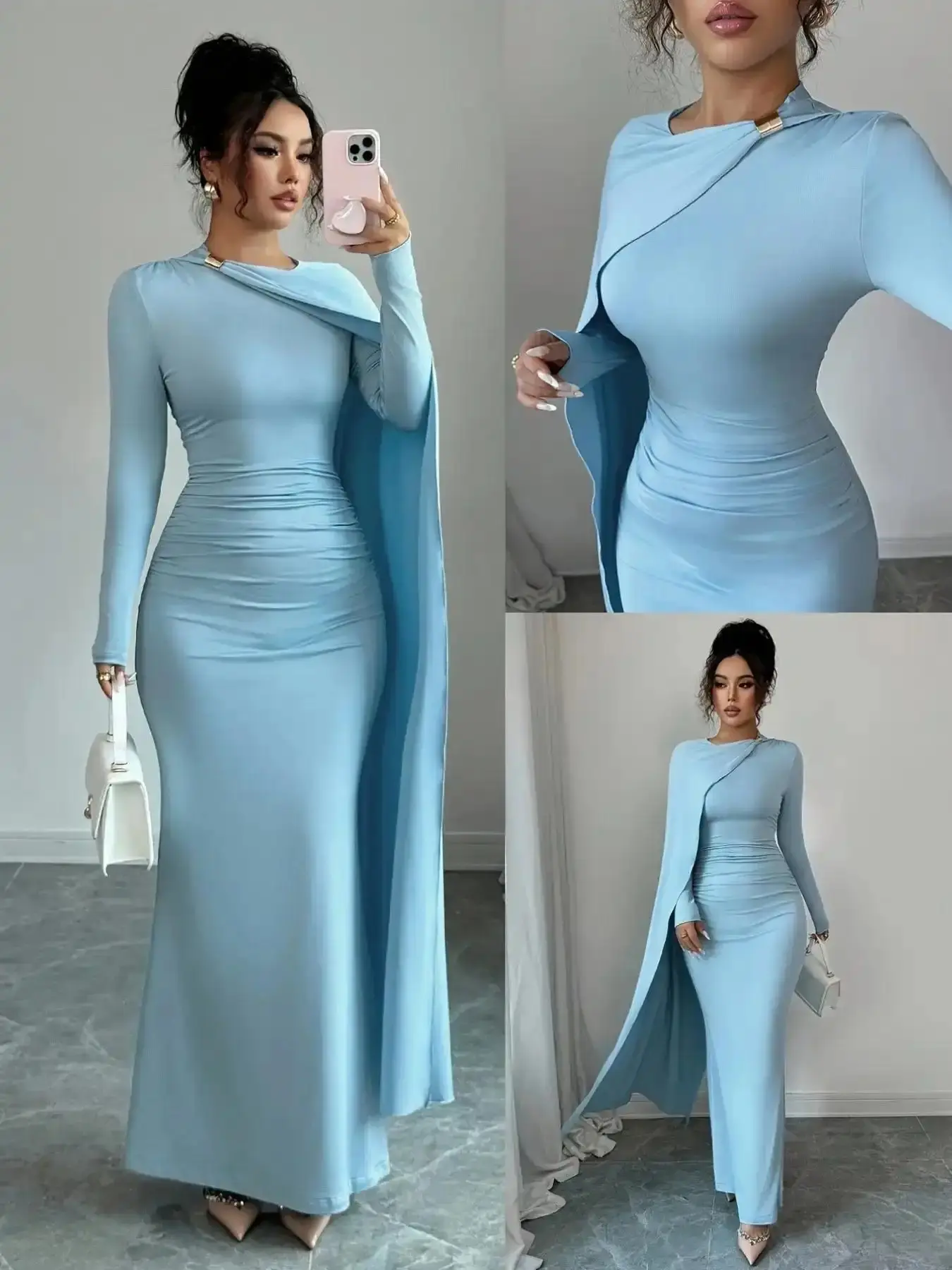 Women's Chic Spring Autumn New Elegant Dressy Style Sky Blue Versatile Wrap Waist Pleated Knit Long Sleeve Maxi Formal Wear, Party Dress, going out style, popular choice, minimalist design, weekend outfit