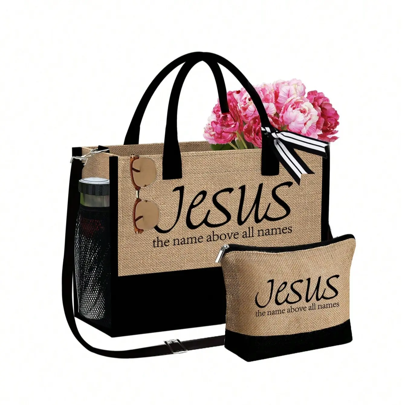 JESUS letter pattern Canvas Tote Bag, Shopping Tote Bags, With Shoulder Strap, Faith Over Fear Christian Large Capacity Burlap Tote Bag, With Makeup Bag, Shopping Bag & Gift Bag