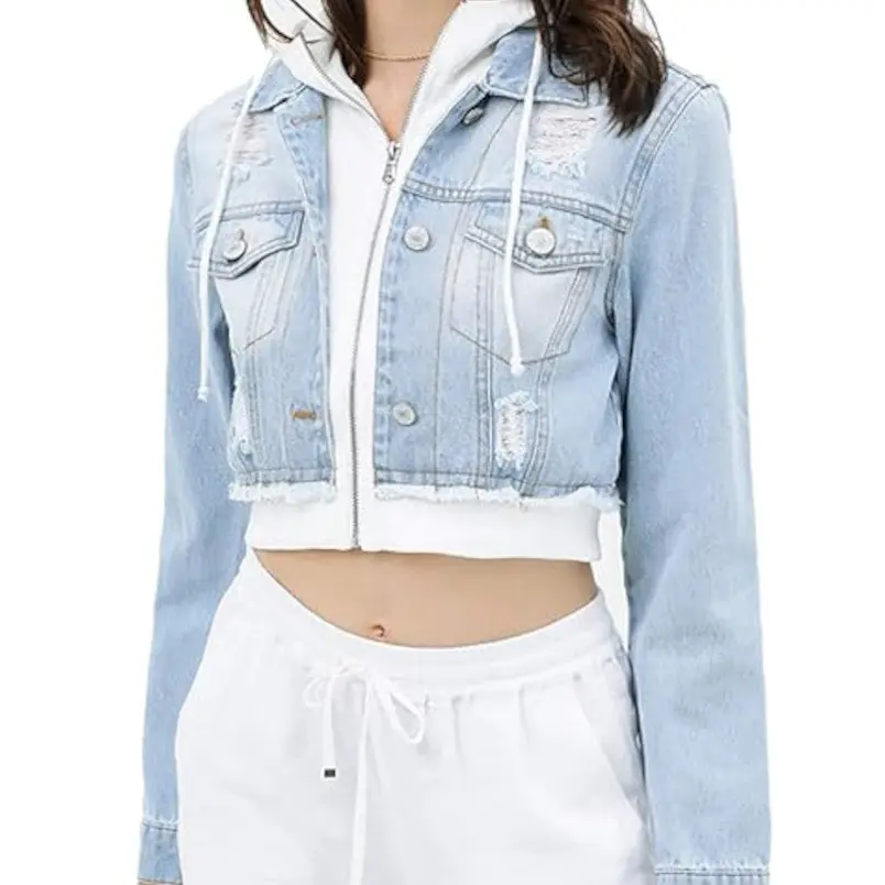 Shorty - Women's Cropped Layered Hoodie Denim Jean Jacket