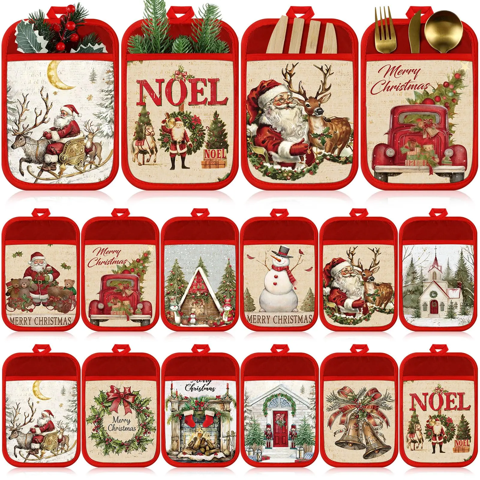 6/8/12 Pcs Christmas Pot Holders with Pocket Vintage Christmas Kitchen Decor Reusable Heat Resistant Oven Mittens Insulation Pads for Christmas Gifts Teachers Staff Employees Kitchen Essentials Coworkers Bakeware Baking Cooking