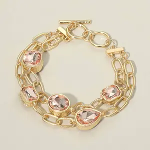 Faceted Oval Teardrop Rectangular Stone Cluster Link Metal Chain Layered Bracelet