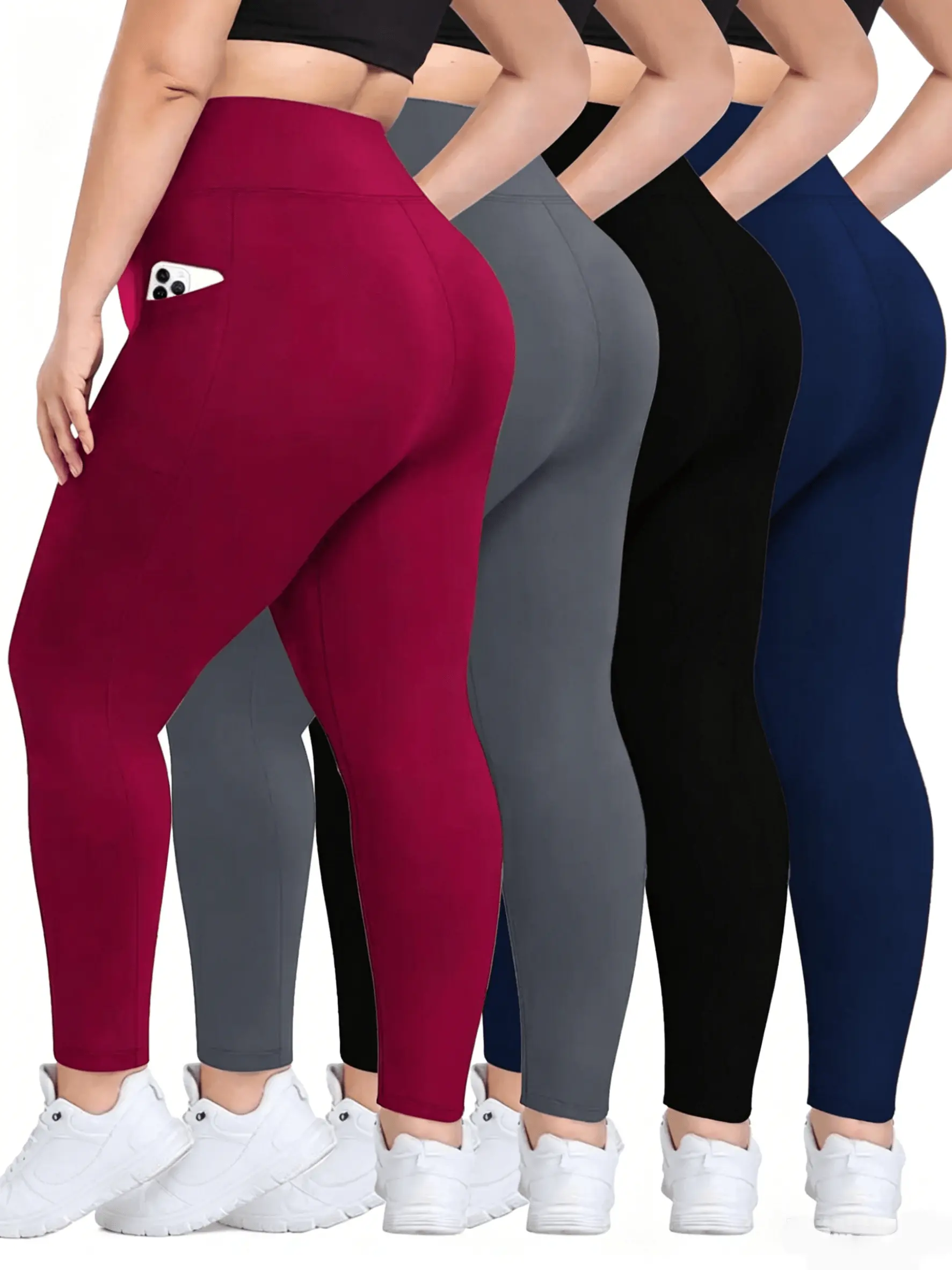 Women's Plus Size Yoga Pants, 4-Pack High-Waist Tummy Control Activewear Leggings with Pockets, 4-Way Stretch, No See-Through, Yoga Pants Activewear, Anti-Odour, Synthetics