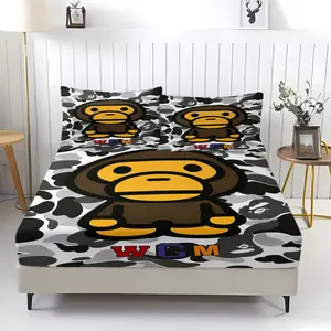 Animal and Camouflage Print Bed Sheet Set, Trendy Monkey Head Pattern, Includes 1 Fitted Sheet and 2 Pillowcases, Comfortable Bedding, Bed Sets Supplies