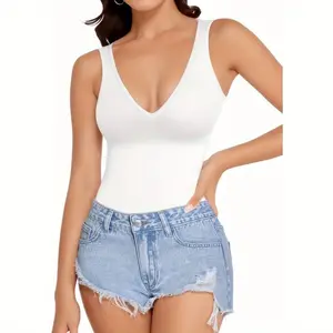 Women's V-Neck Sleeveless Backless Tight-Fit Shapewear Bodysuit - Belly-Hiding, Tummy-Control, Basic Thong Vest Top, Belly-Hiding Shapewear Bodysuit