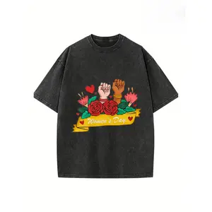 230g Washed |   Fist and Rose Printed T-shirt, Suitable for Everyday Wear, Easy to Wear, Recent Explosion, Ladies' Comfortable Short-Sleeved Outdoor Holiday, Perfect Gift
