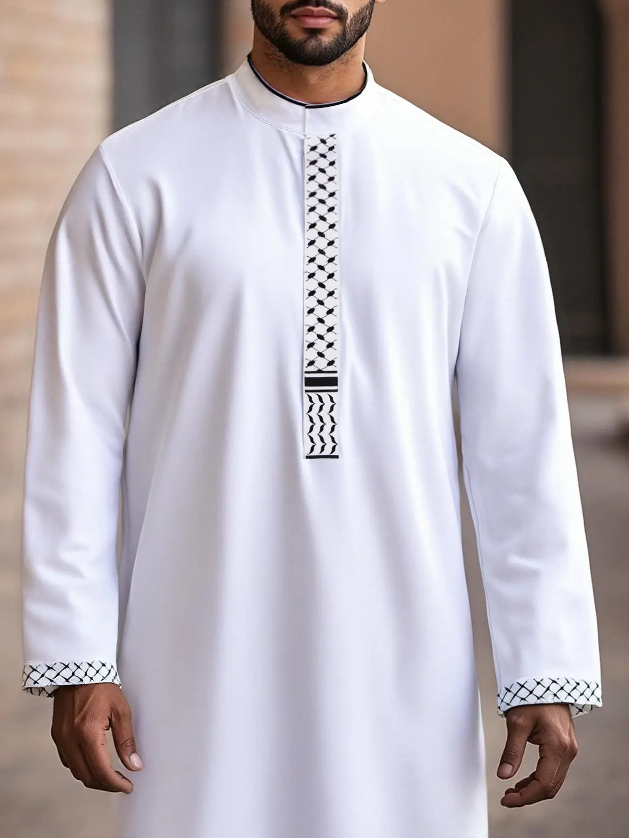 Men’s Modest Muslim Thobe – Traditional Arabic Embroidered Robe, Long Sleeve Islamic Formal Clothing for Eid & Daily Wear
