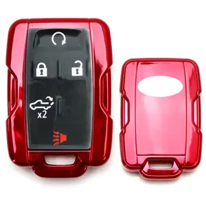 iJDMTOY Glossy Red Finish TPU Key Fob Protective Case w/Face Panel, For 2014-up Chevrolet Silverado Colorado, GMC Sierra Canyon 1500 2500 3500 Remote Start Smart Key Fob