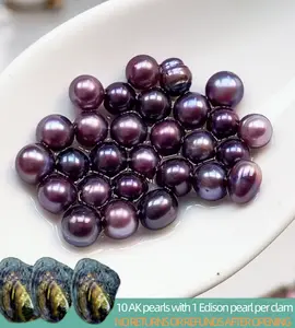 【Adee】Demon AK (10 AK Pearls with 1 Edison pearl per clam) Freshwater AK Pearl Round and shiny luster｜Live Opening Non-Refundable NO RETURNS OR REFUNDS AFTER