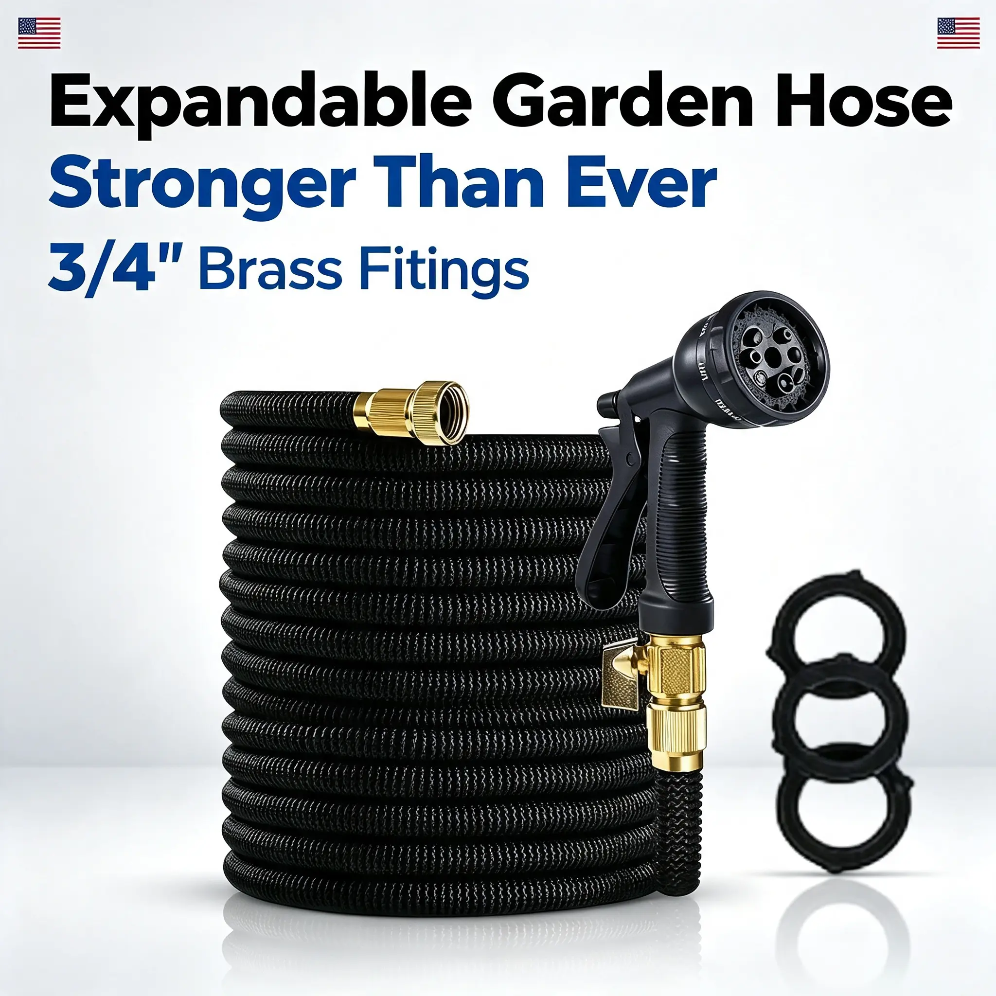 Gardening Expandable Water Hose with Solid Brass Fittings, Lightweight 3750D Ultra-Strong Fabric, 4-Layer Latex Core, 3X Stretch, Kink-Proof, No-Leak, 8-Pattern Sprayer Nozzle, Storage Pouch (For Outdoor Care), Standard Faucet