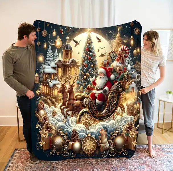 Christmas Blanket Flannel Fleece Throw - Santa Claus Reindeer Sleigh Holiday Print Soft Cozy Bedding, Christmas Gift Xmas Present for Living Room Bedroom Office Couch Sofa