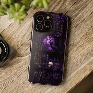 Purple Gothic Bookish Phone Case, Fantasy Mystical Creature, Full Moon Skull Blossom, Dark Fantasy Book Lover Gift, Magsafe Phone Cases For IP X 11 12 13 14 15 16 17 S21 S22 S23 S24 S25-Ultra Series
