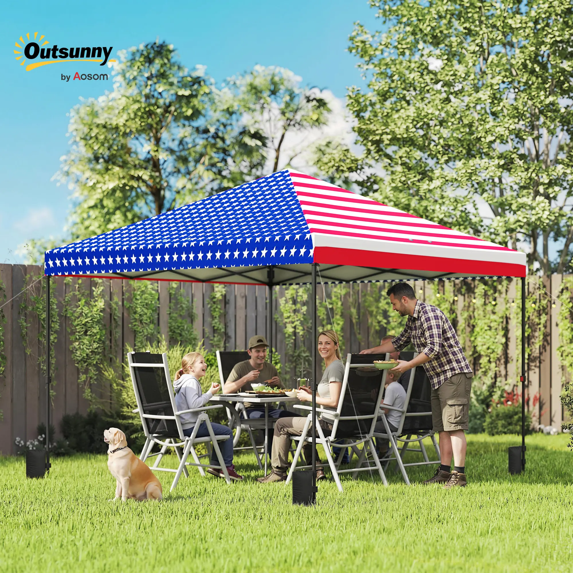 Outsunny 10 x 10 ft Pop Up Canopy Tent with One Push Setup, Easy Setup Outdoor Portable Instant Canopy Shelter with Wheeled Carry Bag, Sandbags, Adjustable Height for Parties, Events, American Flag