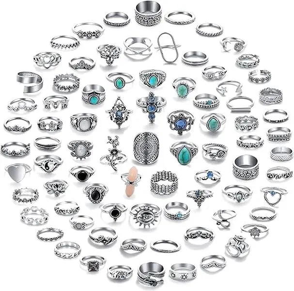 82Pcs Vintage Silver Knuckle Rings Set for Women Men, Chunky Rings Aesthetic Snake Grunge Stackable Gothic Ring Adjustable Y2K Punk Bulky Boho Finger Alt of Rings, Stacking Fairy Skull Frog Heart Star Flower Midi Ring Pack