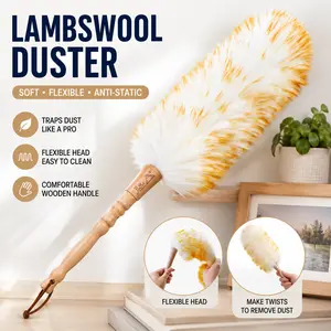 Lambswool Dusters with Solid Wooden Handle, Flexible Head, Anti-Static, Comfortable Grips 17.8 inchs Long Feather Duster for Office, Home and Car etc.