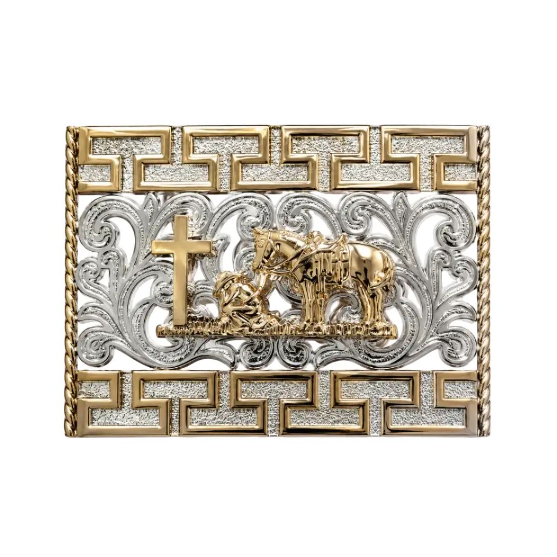 Cross & Praying Cowboy Western Belt Buckle – Gold Christian Cowboy Buckle
