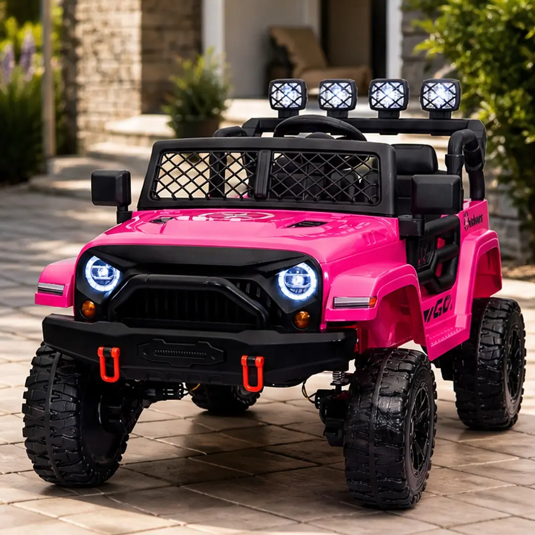 ARCH 24V 2-Seater Ride On Jeep for Big Kids, 4WD Electric Car with Remote Control, 4 EVA Wheels, Spring Suspension, LED Lights, Music, Bluetooth, Pink Plastic, Ages 3-8, Max Load 110lbs, Outdoor Toy Vehicle, Pink Color Options, Plastic Material, Four Whee