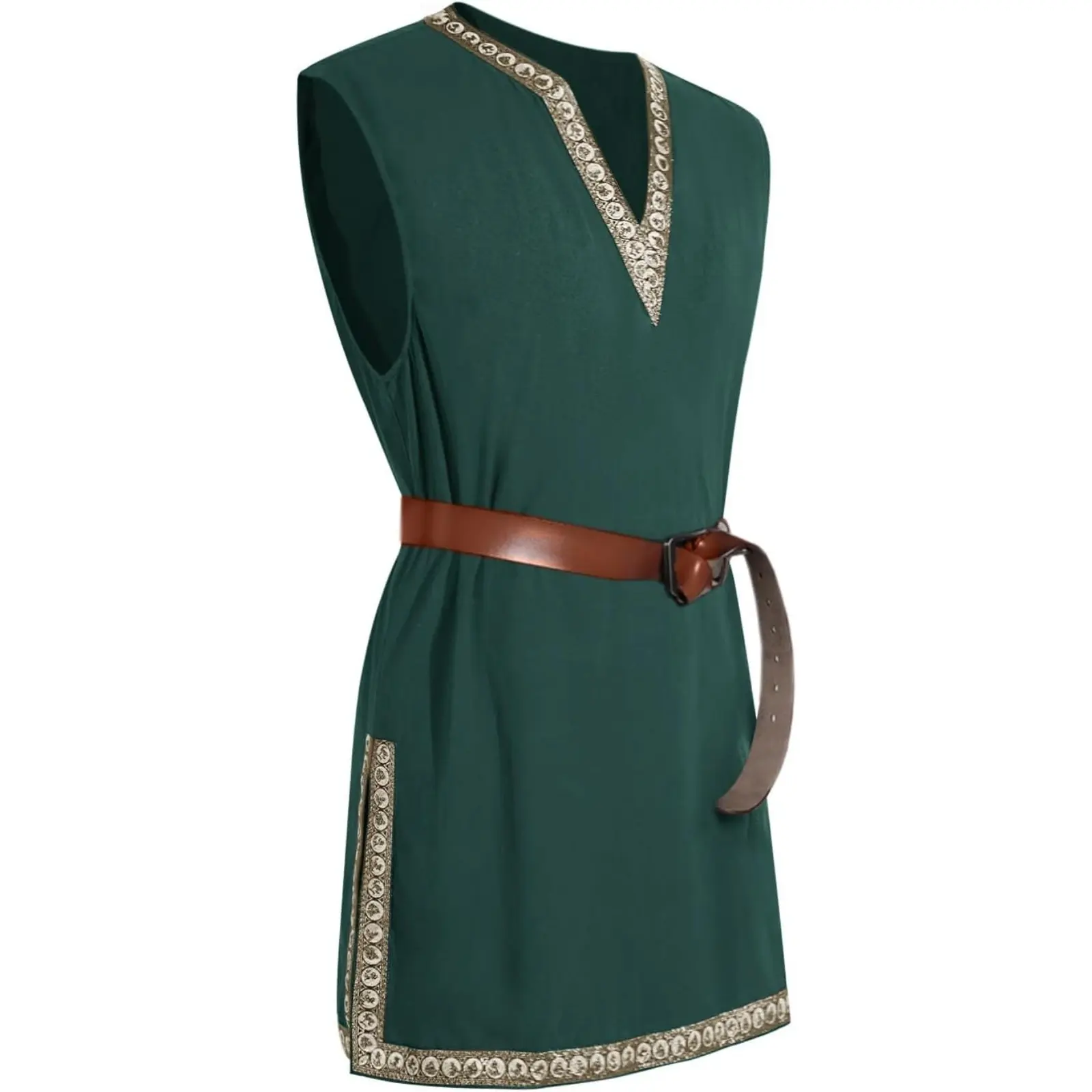 Runcati Men's Long Classic V-Neck Embroidered Sleeveless Tunic - Menswear Casual Costume for Medieval, Easter LARP Events