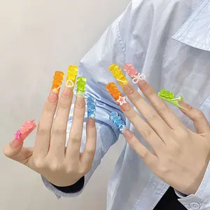AURÈA| Rainbow Gummy Bear & Candy Press-On Nails – Reusable Long Square Fake Nails with 3D Charms - HANDMADE trendy