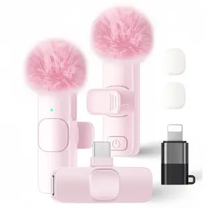 Wireless Lav Microphone for iPhone iPad and Android Phone, 2 Pack Lapel Mic Plug and Play Wireless Mic Noise Reduction Microphone for Video Recording Interview Podcast Vlog YouTube Tiktok (Pink)