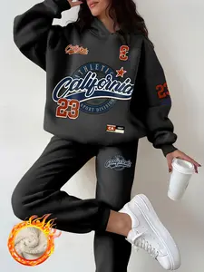 Women's Fashion Casual Loose Fit Letter Print Fleece Hoodie and Sweatpants Set, Fall & Winter Comfortable